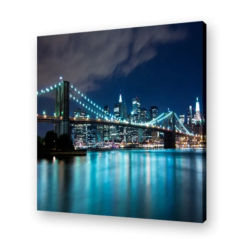 Blue Lights Brooklyn Bridge LED Canvas Picture Framed Wall Painting