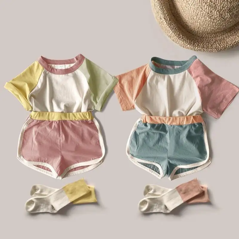 Summer Girls Two Piece Sets Color Block Loose Fit Cotton T Shirt Casual Shorts Custom Loungewear Set Gym Active Wear Kids