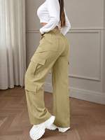 Pantalon cargo taille haute pour femme, coupe large, plusieurs poches, style décontracté streetwear, longueur intégrale