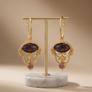 Boucles d'oreilles pendantes artisanales en laiton et pierres précieuses, plaquées or, style ethnique bohème, pour fiançailles et soirées, tendance - Product Image 2