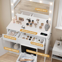 Ensemble de coiffeuse de maquillage blanche avec 3 modes de lumière de couleur Tiroirs de prise de courant Armoire de rangement et chaise pour chambre à coucher