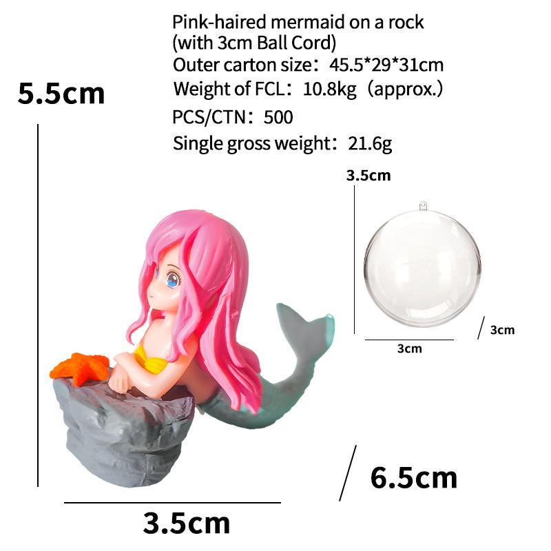 Sirena de pelo rosa en una roca (con cordón de bola de 3cm)