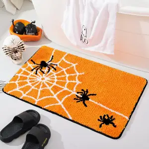 Halloween Bath Mat Cute Orange Spider Web Halloween Bathroom Decor Rugs for Non Slip, Spooky Shower Rug for Bathroom, Bedroom