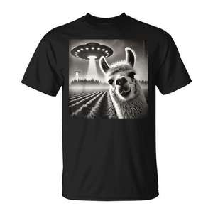 T-shirt Llama Alpaca Selfie Ufos noir unisexe taille adulte moyenne - Product Image 1