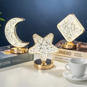 Lampe de chevet décorative rechargeable en métal et cristal, tactile, 3 couleurs, USB, LED, étoile, lune, lumières nocturnes, luminosité réglable - Product Image 1