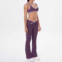 Setelan Yoga Wanita Model Celana Lebar Silang Warna Kontras, Bahan Bernapas, Tekstur Brushed Dua Sisi, Cocok untuk Olahraga Lari dan Fitness
