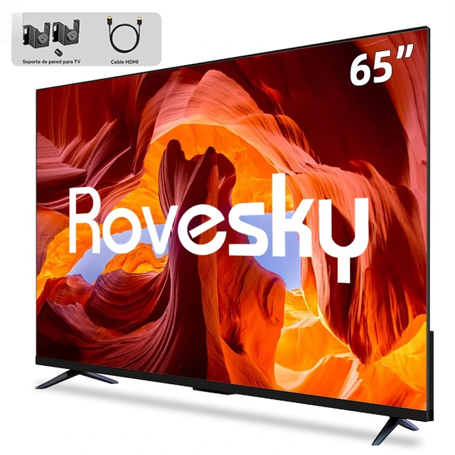 R&E 65 Inch QLED Smart TV 4K UHD Android with WiFi for Voice Remote Control Frameless LED TV for Hotel Use