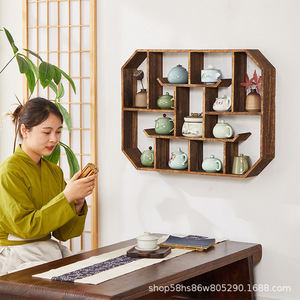 Estante de exhibición de madera maciza antigua, montado en la pared, estilo chino, con múltiples compartimentos, para almacenamiento de té en la sala de té. - Product Image 3
