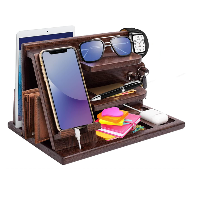 Multi-Functional Wood Nightstand Organizer Wood Phone Holder Stand Wooden Cell Phone Docking Station