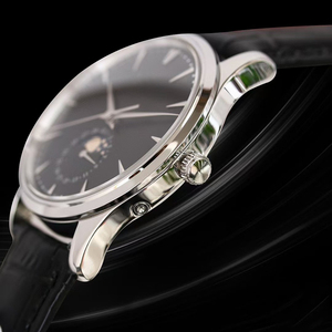 Exquisito Reloj de Pulsera Automático Mecánico con Fecha, Fase Lunar Celestial, Esfera Negra, Acero Plateado y Correa de Cuero para Caballeros - Product Image 3