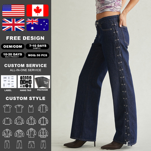 Jean évasé taille basse pour femme KingSen, en denim indigo brut, avec œillets latéraux et lacets ajourés, style Y2K vintage streetwear - Product Image 2