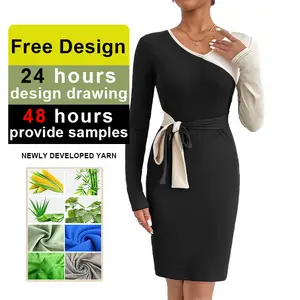 Custom Korean Designer Black And White Button Fabrics Finely Luxury Midi Women Woman Sweater Knit Dress