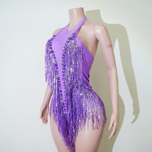 Justaucorps de scène pour femme adulte en spandex violet électrique, orné de strass et de franges, pour danse de salon, idéal pour diva de scène, appliqué à la main - Product Image 4