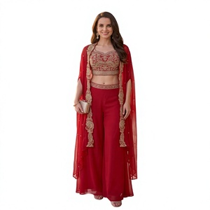 Salwar Kameez traditionnel rouge pour femmes avec haut court brodé, pantalon palazzo et dupatta, coupe ample, longueur au sol, tenue indienne - Product Image 1