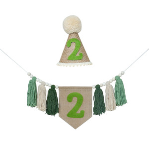 Décorations pour le 2ème anniversaire d'un bébé garçon, bannière verte et blanche pour chaise haute, chapeau conique, décoration de gâteau en bois pour 2 ans (vert) - Product Image 4