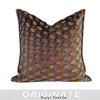 Housse de coussin de luxe géométrique en velours, écologique, chauffante et massante, marron caramel et bleu, pour canapé et décoration de salon, carrée