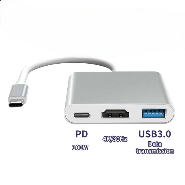 Type C to USB 3.1 to 4K/PD 100W with 4K HD TV Multi-Port USB 3.0 PD Charging Adapter, Suitable for Laptop and Tablet Expansions