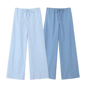 Striped print drawstring waist blue color wide leg design casual fashion women's pants trousers