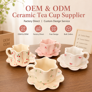 Ensemble tasse et soucoupe en céramique en forme de fleur, motif floral cerise peint à la main, tasse à thé et à café en porcelaine, OEM ODM, vente en gros - Product Image 2