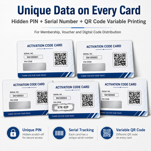 Custom Scratch Off PIN Code Card with Unique Serial Number QR Code and Variable Data Printing
