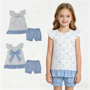 Nouvel ensemble d'été pour filles : haut à manches volantées et bloomers, imprimé mignon, tenue 2 pièces de boutique avec grand nœud - Product Image 1