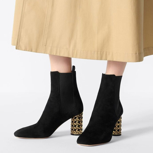 Solid Sexy High Round Heels Women Square Toe Suede Ankle Boots Gold Cut Out Chunky Stiletto <b>Shoes</b> Stretchy Upper Short - Product Image 1