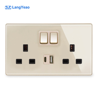 LangYeao - Panel de Vidrio Templado Completo, Negro, de Lujo, Universal, 13 A, Enchufe de Pared para Reino Unido, Tomas de Corriente USB+TYPE C, Nuevo Diseño