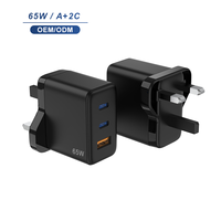 Chargeur mural GaN 65W avec prise UK, 3 ports, adaptateur de charge rapide PD, chargeur USB-C pliable pour ordinateur portable, téléphone, tablette, chargeur de voyage