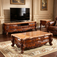 Ensemble Meuble TV et Table Basse Classique Européen en Bois Massif, Luxe, Sculpté à la Main, Plateau en Marbre, Meuble de Salon, Vente en Gros, Armoire de Rangement pour la Maison