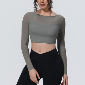 Tops cortos de malla para yoga para mujer, <span class=keywords><strong>camisa</strong></span> transparente de <span class=keywords><strong>manga</strong></span> <span class=keywords><strong>larga</strong></span>, de secado rápido y ajustada - Product Image 3
