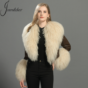 Giacca Corta da <span class=keywords><strong>Donna</strong></span> in Vera Pelle di Pecora con Lussuosi Collo e Polsini in Morbida e Soffice Pelliccia di Agnello Mongolo Personalizzata per Primavera e Autunno - Product Image 1