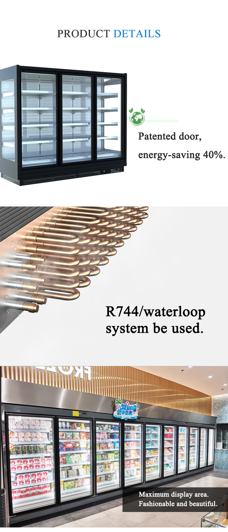 Commercial refrigerator glass door cold beverage fresh food showcase supermarket retail upright display freezer