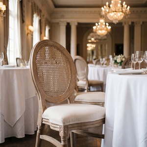 Chaise Louis en bois massif avec dossier en rotin pour événements de mariage, banquets d'hôtel et sièges commerciaux - Product Image 1