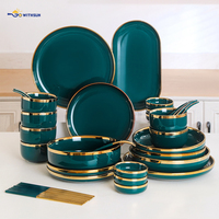 Service de table en porcelaine de luxe vert et or, électroplaqué, bol à salade, bol à soupe, cuillère, passe au lave-vaisselle, jetable, restaurant, hôtel