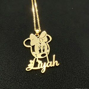 Ensemble de bijoux personnalisés <span class=keywords><strong>Minnie</strong></span> Mouse, collier avec plaque nominative en acier inoxydable et boucles <span class=keywords><strong>d</strong></span>'oreilles en bambou, cadeau de bijoux adorable pour les enfants - Product Image 6