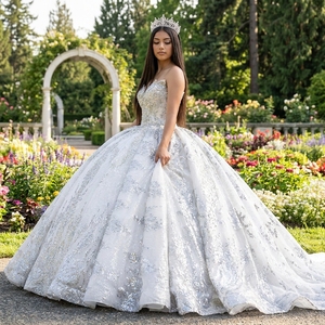 Xs296 Luxury Silver Crystal Beaded <b>Wedding</b> Dress Sparkly Embroidered Ball Gown Back Long Train Bridal Gown Jancember - Product Image 1
