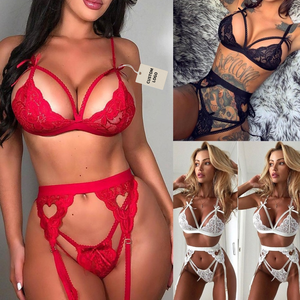Nouvel ensemble de lingerie rouge en dentelle 2026, 3 pièces, avec <span class=keywords><strong>porte</strong></span>-jarretelles, nœud et maille transparente, lingerie sexy pour femme avec soutien-gorge <span class=keywords><strong>triangle</strong></span> - Product Image 2