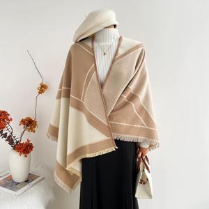 Women Geometric Knit <b>Poncho</b> Scarf Windproof Long <b>Wrap</b> for Autumn Winter Vintage Oversized Blanket Scarf <b>Ladies</b> Daily Wear - Product Image 3