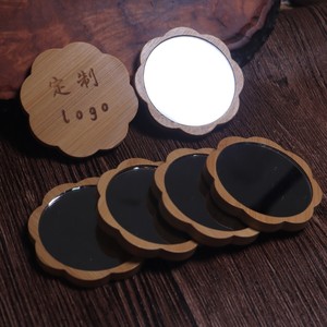 Custom Logo Round Pocket Mirror Fashion Gifts Mini Wooden Cosmetic Mirror Flower Bamboo Makeup Mirrors