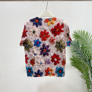 Camiseta Plisada Miyake PY2026 para Mujer, Manga Corta, Cuello Redondo, Estampada, Roja, Ajustada, Camiseta Básica Holgada y Elástica para Verano - Product Image 3