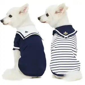Manufacturer Wholesale Summer Vacation Navy Blue Dog T-Shirts 2 Pack Soft Knitted Sailor Suit Shirts Pets Beach Vacation