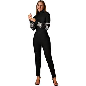 VOIKERDR Mono negro para mujer, manga larga, con diamantes de imitación, ajustado, para fiesta, tejido elástico - Product Image 1