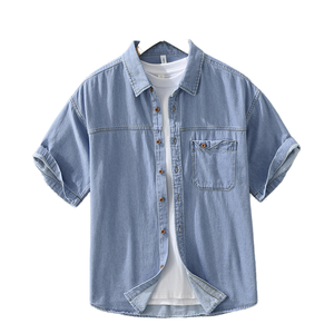 2026 Summer Pure Cotton Denim Short Sleeve Shirt Men Lightweight Breathable Eco-Friendly Anti-Wrinkle Anti-Pilling Vintage - Product Image 1