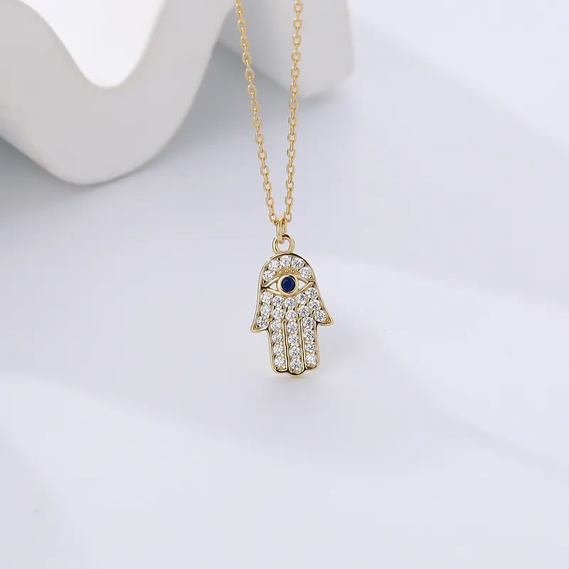 Dainty 18K Gold Plated 925 Sterling Silver Turkish Jewelry Ladies Iced Out Zircon Evil Eye Hand Of Fatima Pendant Necklace