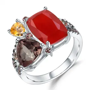 C7644 Abiding Fine Jewelry Multiple Gemstone Red Agate Smoky Quartz Citrine 925 Sterling Silver Women Ring