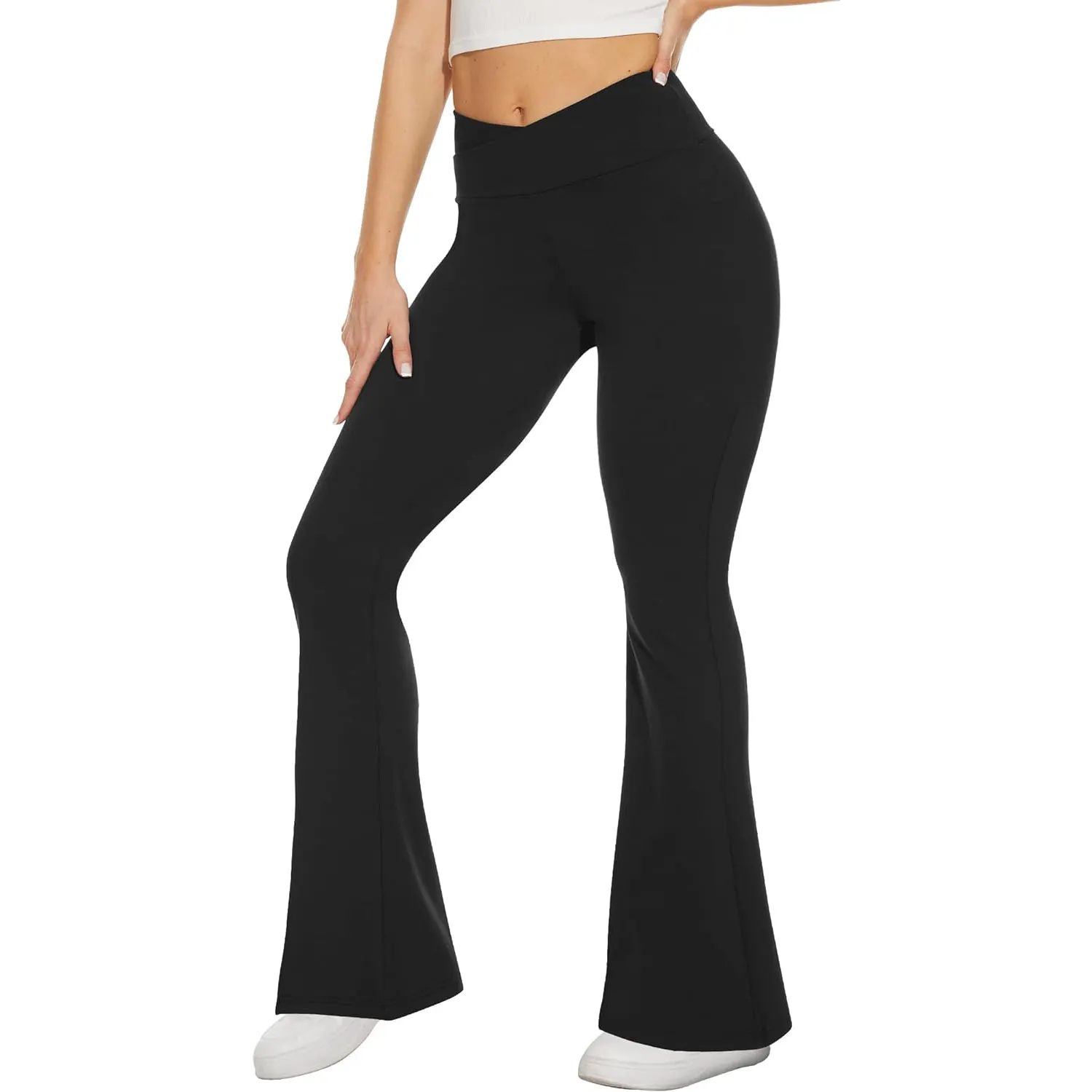 Hot Custom Casual Bootcut Yoga Pant Leggings Women Crossover High Waist Bell Bottom V Cut Black Flare Leggings