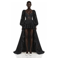 Robe de soirée mini de luxe blanche, style couture, à manches évasées, à volants, avec découpe florale 3D au laser et traîne, pour fête, sur mesure, vente en gros
