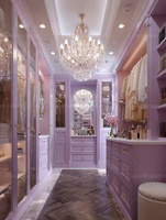 Dressing sur mesure avec îlot de toilette, armoire à portes vitrées, organisateur de placard intelligent, finition lilas pastel rêveuse