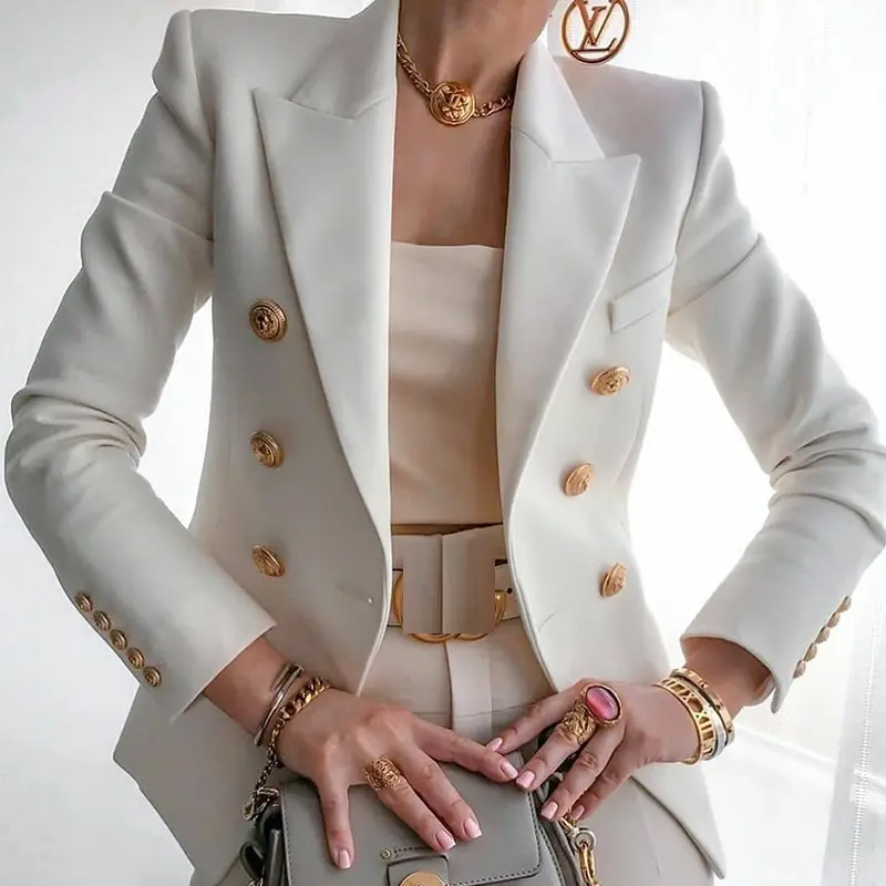 Custom Plus Size Fancy Rhinestone Elegant Casual Light Weight White Fitted Ladies Woman Suit Blazer Jacket For Work