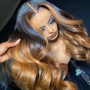 Eye-catching! Natrual Black Ombre Honey Brown #27 color highlight Wet And Wavy long length Lace Frontal Wig